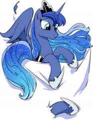 Size: 1239x1654 | Tagged: safe, artist:yukandasama, derpibooru import, princess luna, alicorn, pony, g4, female, hoof shoes, mare, pocket, pocket pony, solo, tiny, tiny ponies, too big