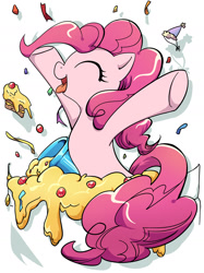 Size: 1239x1654 | Tagged: safe, artist:yukandasama, derpibooru import, pinkie pie, earth pony, pony, g4, cake, confetti, cute, diapinkes, female, food, hat, mare, messy, party cannon, party hat, pocket, pocket pony, solo, tiny, tiny ponies