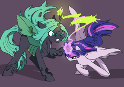 Size: 456x321 | Tagged: safe, artist:yukandasama, derpibooru import, queen chrysalis, twilight sparkle, twilight sparkle (alicorn), alicorn, changeling, changeling queen, pony, g4, female, fight, good vs evil, mare