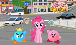 Size: 2043x1226 | Tagged: safe, artist:creedyboy124, artist:kittyhawk-contrail, artist:user15432, derpibooru import, pinkie pie, earth pony, pony, g4, anniversary, car, city, crossover, female, kirby, kirby (series), kirby's epic yarn, looking at you, male, open mouth, open smile, outdoors, prince fluff, smiling, smiling at you, van, vehicle