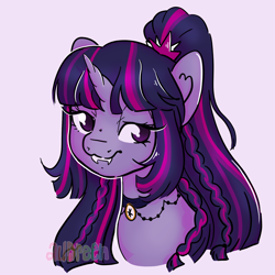 Size: 2100x2100 | Tagged: safe, artist:maudpie, artist:mavdpie, derpibooru import, twilight sparkle, twilight sparkle (alicorn), unicorn twilight, alicorn, bat pony, bat pony alicorn, hybrid, pony, unicorn, bat ponified, bat pony unicorn, bat wings, bust, choker, female, horn, jewelry, mane, necklace, ponytail, portrait, purple background, race swap, simple background, smiling, updo, wings