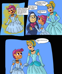 Size: 1280x1520 | Tagged: safe, artist:mojo1985, derpibooru import, scootaloo, human, equestria girls, g4, adopted, adopted daughter, adopted offspring, choker, cinderella, clothes, crossover, cute, cutealoo, dialogue in the description, dress, evening gloves, fairy godmother, gloves, gown, grin, hair bun, hairband, hands together, holding hands, lipstick, long gloves, looking at each other, looking at someone, open mouth, open smile, poofy shoulders, scootadoption, scootalove, smiling, smiling at each other, trio