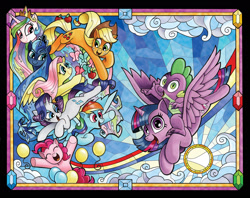 Size: 2400x1900 | Tagged: safe, artist:andypriceart, derpibooru import, idw, applejack, fluttershy, pinkie pie, princess celestia, princess luna, rainbow dash, rarity, spike, twilight sparkle, twilight sparkle (alicorn), alicorn, butterfly, dragon, earth pony, pegasus, pony, unicorn, g4, apple, balloon, cloud, comic cover, cover, cover art, deviantart watermark, dragons riding ponies, female, flying, food, frame, friendship is magic #75, gemstones, horn, looking at each other, looking at someone, looking at you, male, mane seven, mane six, mare, obtrusive watermark, rainbow, riding, riding a pony, smiling, stained glass, sun, sunshine, watermark, wingless spike, wrap around