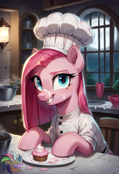 Size: 2496x3648 | Tagged: safe, ai content, derpibooru import, machine learning generated, pinkie pie, human, pony, g4, chef outfit, cupcake, cute, diapinkes, food, generator:civitai, hat, humanized, indoors, looking at you, pinkamena diane pie, prompter:trux23, smiling, smiling at you, solo, toque