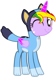 Size: 1248x1726 | Tagged: safe, artist:shieldwingarmorofgod, derpibooru import, oc, oc only, oc:starling shield, alicorn, alicorn oc, bluey, bluey heeler, dog costume, fefmale, horn, simple background, transparent background, wings