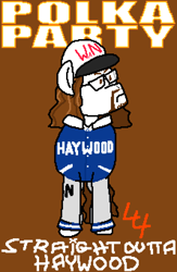 Size: 2220x3400 | Tagged: safe, artist:44nifty, derpibooru import, oc, oc only, oc:polka party, pony, album cover, album parody, angry, blue jacket, brown background, brown eyes, brown mane, cap, clothes, facial hair, glasses, goatee, hat, jacket, parody of a parody, ponified, ponified album cover, ponified music artist, ponified musician, ponified voice actor, scowl, signature, simple background, solo, song reference, species swap, straight outta lynwood, wavy mane, weird al yankovic, white coat