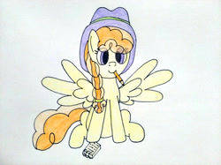 Size: 4032x3016 | Tagged: safe, artist:anonymous, derpibooru import, pegasus, g4, braid, eye clipping through hair, female, hair tie, hat, holding a pencil, mare, mouth hold, notebook, pencil, record high, simple background, sitting, spread wings, traditional art, white background, wings