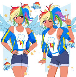 Size: 3545x3591 | Tagged: safe, artist:kittyrosie, derpibooru import, rainbow dash, human, pegasus, pony, :p, breasts, clothes, cute, dashabetes, female, feminism, grin, hoodie, humanized, kotobukiya, kotobukiya rainbow dash, mare, open mouth, rainbow sass, shorts, smiling, solo, tan skin, tanktop, tongue, tongue out, winged humanization, wings