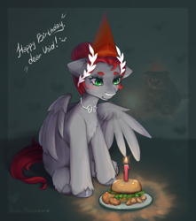 Size: 1504x1700 | Tagged: safe, artist:moewwur, artist:rin-mandarin, derpibooru import, oc, oc only, oc:void, pegasus, pony, birthday, burger, candle, choker, female, food, full body, green mane, hair bun, hay burger, jewelry, laurel wreath, mare, necklace, nose piercing, pegasus oc, piercing, potato, solo