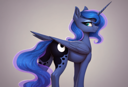 Size: 2432x1664 | Tagged: safe, ai content, derpibooru import, machine learning generated, princess luna, alicorn, pony, g4, anonymous prompter, butt, ear fluff, ears, female, freckles, gradient background, looking at you, looking back, looking back at you, mare, moonbutt, plot, solo