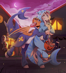 Size: 2087x2293 | Tagged: safe, artist:1an1, derpibooru import, oc, oc only, earth pony, human, pegasus, pony, animal costume, blushing, broom, candy, chocolate, costume, female, flying, flying broomstick, food, halloween, holiday, hug, hug from behind, male, mare, outdoors, pumpkin bucket, shark costume, stallion, surprised, witch