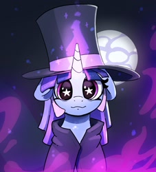 Size: 2139x2357 | Tagged: safe, artist:pabbley, derpibooru import, oc, oc only, oc:flawless sparklemoon, pony, unicorn, bust, cloak, clothes, ears, female, floppy ears, full moon, fusion, fusion:trixie, fusion:twilight sparkle, fusion:twixie, glowing, glowing horn, hat, horn, looking at you, mare, moon, my little pony the movie: the death of twilight sparkle, smiling, smiling at you, solo, starry eyes, top hat, wingding eyes