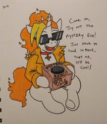 Size: 2844x3299 | Tagged: safe, artist:jargon scott, derpibooru import, oc, oc only, oc:dyx, alicorn, pony, alicorn oc, box, choker, clothes, dialogue, female, filly, foal, horn, jacket, not adagio dazzle, open mouth, open smile, sitting, smiling, solo, sunglasses, traditional art, underhoof, wings