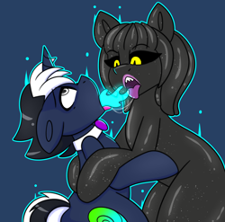 Size: 4704x4640 | Tagged: safe, artist:askhypnoswirl, derpibooru import, oc, oc only, oc:hypno swirl, goo, goo pony, original species, unicorn, bowtie, dead eyes, duo, duo male and female, female, horn, male, soul eater, unicorn oc