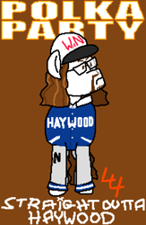 Size: 2220x3400 | Tagged: safe, artist:44nifty, derpibooru import, oc, oc only, oc:polka party, pony, album cover, album parody, angry, blue jacket, brown background, brown eyes, brown mane, cap, clothes, facial hair, glasses, goatee, hat, jacket, parody of a parody, ponified, ponified album cover, ponified music artist, ponified musician, ponified voice actor, scowl, signature, simple background, solo, song reference, species swap, straight outta lynwood, wavy mane, weird al yankovic, white coat