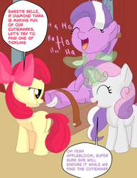 Size: 1480x1920 | Tagged: safe, artist:theponytickler, derpibooru exclusive, derpibooru import, apple bloom, diamond tiara, sweetie belle, earth pony, pony, unicorn, g4, feather, female, filly, foal, horn, laughing, magic, speech bubble, telekinesis, tickle torture, tickling, trio, trio female