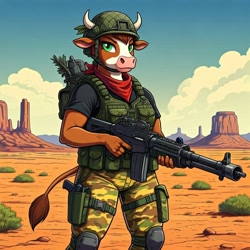 Size: 1024x1024 | Tagged: safe, ai content, derpibooru import, machine learning generated, arizona cow, anthro, cow, series:g.i. pony: a real equestrian hero, them's fightin' herds, bandana, capt. claymore, clothes, community related, cosplay, costume, desert, fatigues, female, g.i. joe, generator:google imagen 3.0, gun, helmet, machine gun, military uniform, prompter:zerowinger, solo, special mission brazil, uniform, vest, weapon