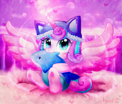 Size: 1047x890 | Tagged: safe, artist:camilla_, derpibooru import, princess flurry heart, alicorn, pony, g4, baby, baby pony, chewing, cute, eating, female, filly, flurrybetes, foal, glowing, glowing horn, hat, heart, heart eyes, holding, horn, looking at you, plushie, smiling, solo, spread wings, wingding eyes, wings