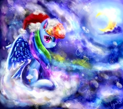 Size: 1700x1500 | Tagged: safe, artist:camilla_, derpibooru import, rainbow dash, pegasus, pony, g4, christmas, cloud, crescent moon, female, hat, holiday, looking at you, mare, moon, night, on a cloud, santa hat, signature, sitting, sitting on cloud, smiling, solo, spread wings, wings