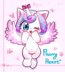 Size: 1450x1600 | Tagged: safe, artist:camilla_, derpibooru import, princess flurry heart, alicorn, pony, g4, baby, baby pony, blushing, bow, cute, daaaaaaaaaaaw, female, filly, flurrybetes, foal, heart, heart eyes, horn, horn bow, looking at you, one eye closed, solo, spread wings, weapons-grade cute, wingding eyes, wings