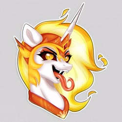 Size: 2560x2560 | Tagged: safe, artist:murny, derpibooru import, daybreaker, pony, unicorn, g4, bust, fangs, gray background, horn, long tongue, portrait, simple background, solo, sternocleidomastoid, tongue, tongue out