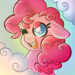 Size: 2500x2500 | Tagged: safe, artist:abonne01, derpibooru import, pinkie pie, earth pony, pony, bust, cloud, cute, diapinkes, ears, female, floppy ears, mare, one eye closed, open mouth, open smile, portrait, smiling, solo, sun, wink