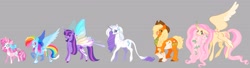 Size: 3907x1070 | Tagged: safe, artist:sweetpinkheart0, derpibooru import, applejack, fluttershy, pinkie pie, rainbow dash, rarity, twilight sparkle, alicorn, earth pony, pegasus, pony, unicorn, alicornified, alternate design, fluttercorn, gray background, horn, mane six, race swap, redesign, simple background