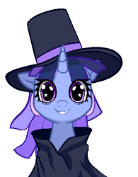 Size: 374x480 | Tagged: safe, artist:neuro, derpibooru import, oc, oc only, oc:flawless sparklemoon, pony, unicorn, bust, cloak, clothes, female, fusion, fusion:trixie, fusion:twilight sparkle, fusion:twixie, grin, hat, horn, looking at you, mare, my little pony the movie: the death of twilight sparkle, simple background, smiling, smiling at you, solo, starry eyes, top hat, transparent background, wingding eyes