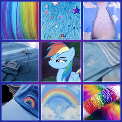 Size: 1280x1280 | Tagged: safe, artist:pixiecutz, derpibooru import, screencap, rainbow dash, pegasus, g4, cassette player, headphones, moodboard, multicolored hair, rainbow, rainbow hair, solo