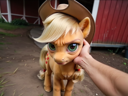 Size: 1152x860 | Tagged: safe, ai content, derpibooru import, machine learning generated, applejack, earth pony, human, pony, g4, adoracreepy, angry, creepy, cute, detailed, detailed background, farm, farmer, female, human on pony action, interspecies, lidded eyes, looking at you, mare, offscreen character, offscreen human, outdoors, prompt in description, prompter:yuduz367, realistic, solo, standing, uncanny valley, vhs