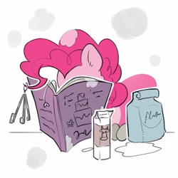 Size: 4096x4096 | Tagged: safe, artist:opalacorn, derpibooru import, pinkie pie, earth pony, pony, g4, book, cookbook, egg (food), female, flour, food, inktober, inktober 2024, mare, measuring spoon, milk carton, simple background, solo, white background