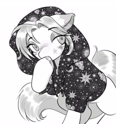 Size: 3836x4096 | Tagged: safe, artist:opalacorn, derpibooru import, oc, oc only, earth pony, pony, clothes, ears, eyebrows, eyebrows visible through hair, female, floppy ears, grayscale, hoodie, lidded eyes, mare, monochrome, simple background, solo, white background