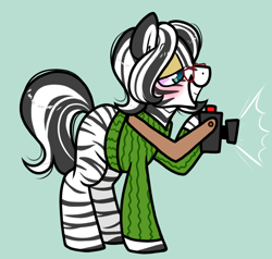 Size: 1000x950 | Tagged: safe, artist:paperbagpony, derpibooru import, oc, oc only, zebra, camera, clothes, glasses, sweater, zebra oc