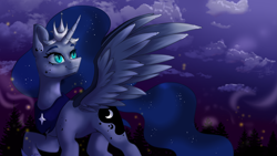 Size: 3413x1920 | Tagged: safe, artist:lambydwight, derpibooru import, nightmare moon, princess luna, alicorn, au:lunar ponies, cloud, mlp fim's fourteenth anniversary, night, outdoors, solo