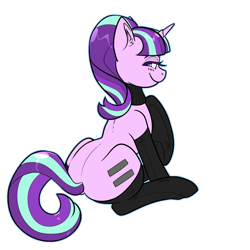 Size: 1000x1000 | Tagged: safe, artist:twoshoesmcgee, derpibooru import, starlight glimmer, pony, unicorn, g4, adorasexy, back, blushing, butt, clothes, cute, equal cutie mark, equalized, evil starlight, female, glimmer glutes, horn, looking at you, looking back, mare, plot, purple eyes, s5 starlight, sexy, simple background, sitting, socks, solo, tail, thigh highs, transparent background