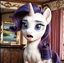 Size: 1024x1003 | Tagged: safe, ai content, derpibooru import, machine learning generated, rarity, human, pony, g4, adoracreepy, creepy, cute, detailed, detailed background, female, lidded eyes, looking at you, mare, prompt in description, prompter:yuduz367, realistic, room, solo, standing, uncanny valley, vhs