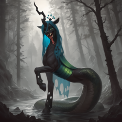 Size: 2432x2432 | Tagged: safe, ai content, derpibooru import, generator:pony diffusion v6 xl, generator:stable diffusion, machine learning generated, queen chrysalis, changeling, changeling queen, lamia, monster pony, original species, g4, dark forest, female, forest, forked tongue, long tongue, looking at you, mare, nature, nightmare night, open mouth, prompter:star-dragon, sharp teeth, solo, teeth, tongue, tongue out, tree