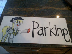 Size: 600x450 | Tagged: safe, artist:prismspark, derpibooru import, derpy hooves, pegasus, pony, bronycon, bronycon 2013, clothes, folded wings, hat, irl, open mouth, parking, photo, pointing, police, police hat, police uniform, sign, smiling, solo, wings