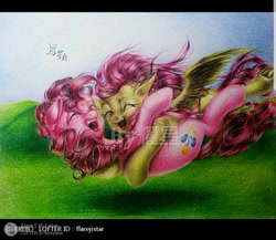 Size: 750x650 | Tagged: safe, artist:flarejistar, derpibooru import, fluttershy, pinkie pie, earth pony, pegasus, pony, eyes closed, hug, open mouth, open smile, scene interpretation, smile hd, smiling, solo, tackle hug