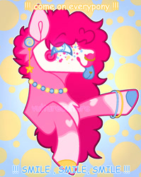 Size: 828x1041 | Tagged: source needed, safe, artist:pixiecutz, derpibooru import, pinkie pie, earth pony, pony, g4, :p, abstract background, blue tongue, bracelet, colored hooves, ear piercing, female, hooves, jewelry, looking at you, mare, multicolored hooves, necklace, nose piercing, nose ring, piercing, redesign, smiling, smiling at you, solo, tongue, tongue out