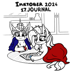 Size: 1000x1000 | Tagged: safe, artist:sunamoonmlp, derpibooru import, oc, oc:sunamoon, alicorn, pony, g4, cute, duo, female, horn, inktober, inktober 2024, journal, male, wings