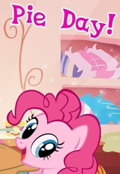 Size: 359x519 | Tagged: safe, derpibooru import, pinkie pie, earth pony, pony, g4, cropped, english, female, gameloft, indoors, looking at you, mare, meme, solo, sugarcube corner, text, wow! glimmer