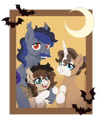 Size: 1149x1391 | Tagged: safe, artist:hopenotfound, derpibooru import, oc, oc:gaia, oc:lunar night, oc:ryolit, bat pony, pony, unicorn, female, filly, foal, horn, male, mare, ox only, stallion