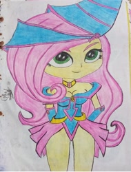 Size: 1080x1422 | Tagged: safe, artist:flutteryaylove, derpibooru import, fluttershy, human, dark magician girl, drawing, humanized, looking away, mlp fim's fourteenth anniversary, simple background, smiling, traditional art