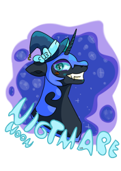 Size: 1240x1754 | Tagged: safe, artist:galactichooves, derpibooru import, nightmare moon, alicorn, pony, badge, bow, bust, face sticker, fangs, hat, horn, looking at you, mlp fim's fourteenth anniversary, pumpkin, pumpkin sticker, simple background, smiling, smiling at you, solo, text, transparent background, witch hat