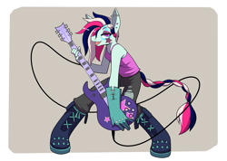 Size: 1407x1000 | Tagged: safe, artist:howxu, derpibooru import, oc, oc only, anthro, earth pony, clothes, ear piercing, guitar, musical instrument, open mouth, open smile, pants, piercing, ripped pants, smiling, solo, tanktop, torn clothes