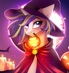 Size: 4087x4307 | Tagged: safe, artist:2pandita, derpibooru import, oc, oc only, pony, unicorn, candle, commission, hat, horn, moon, outdoors, pumpkin bucket, solo, unicorn oc, witch hat, ych result