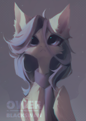 Size: 1920x2715 | Tagged: safe, artist:_gassfra, artist:blcksswn, derpibooru import, oc, oc only, oc:shilie, pegasus, pony, :<, abstract background, ambiguous gender, big ears, big eyes, cheek fluff, chest fluff, clothes, commission, ear fluff, ears, folded wings, frown, gray coat, lineless, long mane, looking up, pegasus oc, purple eyes, purple mane, scarf, slender, solo, sparkles, thin, watermark, wingding eyes, wings