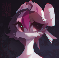 Size: 1920x1887 | Tagged: oc name needed, safe, artist:blcksswn, derpibooru import, oc, oc only, earth pony, pony, :<, abstract background, ahoge, bangs, big ears, big eyes, bow, bust, cheek fluff, colored pinnae, ear fluff, ears, earth pony oc, eyelashes, female, female oc, frown, golden eyes, hair bow, looking away, looking to side, looking to the right, mare, mare oc, purple mane, shiny eyes, short mane, shoulder fluff, three toned mane, white coat