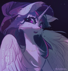 Size: 1920x1983 | Tagged: safe, artist:blcksswn, derpibooru import, twilight sparkle, twilight sparkle (alicorn), alicorn, pony, g4, atrist: blacksswan, big ears, big eyes, bucktooth, cheek fluff, chest fluff, ear fluff, ear piercing, earring, ears, eye clipping through hair, female, hat, horn, jewelry, long horn, long mane, looking away, mare, multicolored mane, necklace, open mouth, partially open wings, piercing, purple coat, purple eyes, shiny eyes, signature, slender, solo, sparkles, starry background, stars, tall ears, thick eyelashes, thin, three toned mane, tooth gap, tri-color mane, tri-colored mane, tricolor mane, tricolored mane, watermark, wing fluff, wings, wizard hat